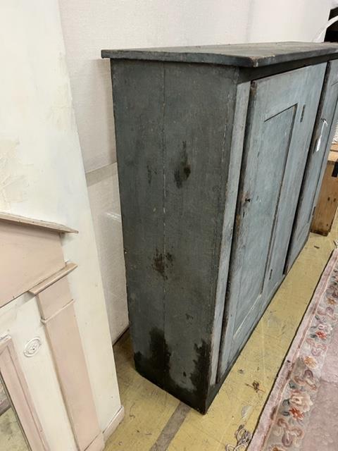 A 19th century French painted pine two door side cabinet, width 161cm, depth 41cm, height 125cm